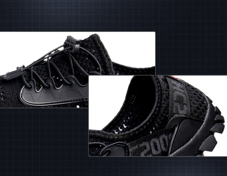 Close-up of black breathable camping shoes with elastic laces and durable rubber sole, perfect for outdoor sports activities.